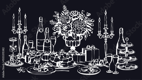 Elegant Vintage Banquet Table Illustration with Candles, Champagne, Floral Centerpiece, and Gourmet Food in Hand-Drawn Style for Wedding Invitations, Luxury Events, Fine Dining, and Celebration Design