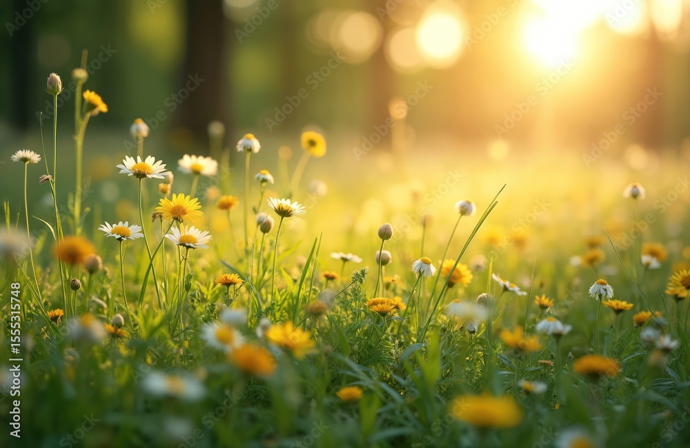 Fototapeta premium Charming meadow scene with small flowers, green grass, golden light. Yellow, white blossoms in field illuminated by sun. Tranquil scenic visuals create idyllic, dreamlike atmosphere, evoking sense of