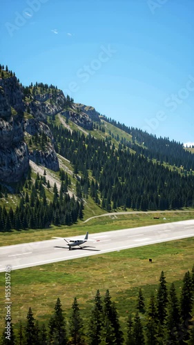 Small airplane on mountain runway, forested hills and blue sky in background. Travel and vacation concept
