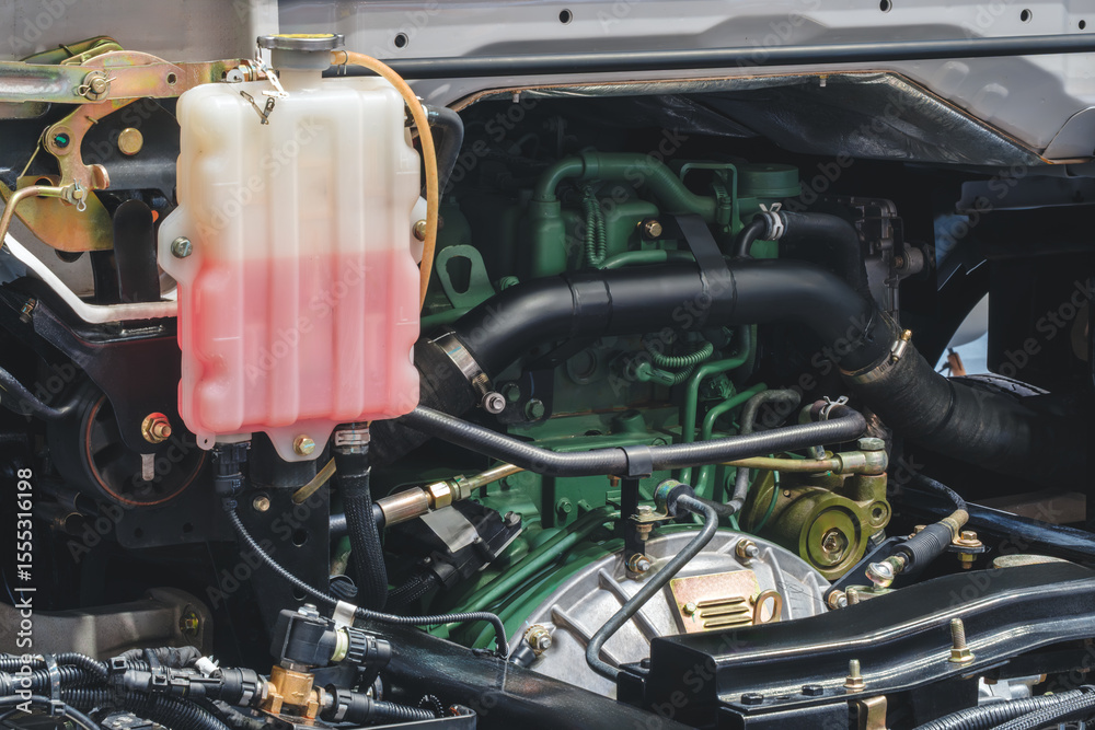 Obraz premium A truck engine with a hose attached to a container of red liquid.