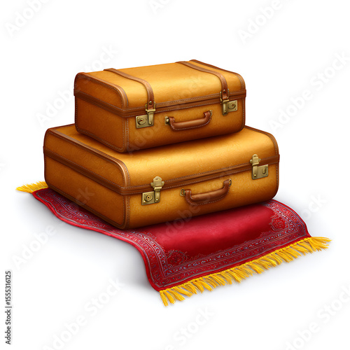 Vintage luggage stacked on ornate rug travel bags leather suitcases