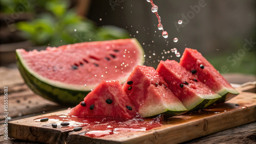 A close-up, dynamic shot of freshly cut watermelon slices arranged on a rustic wooden surface