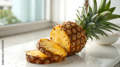 A fresh, ripe pineapple sitting on a clean white surface, captured in soft natural light that highlights its textured golden-yellow skin and leafy green crown