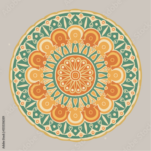 simplified marigold circle with layered scalloped petals in burnt orange and rustic tones
