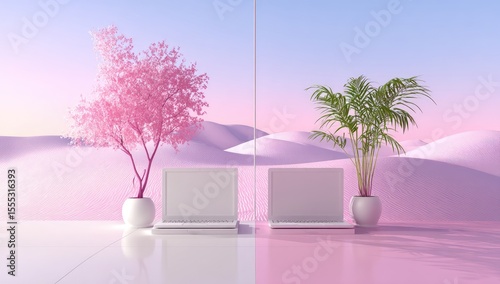Pastel-toned interior scene with two laptops and plants