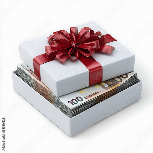 White gift box with red ribbon and euro banknotes money