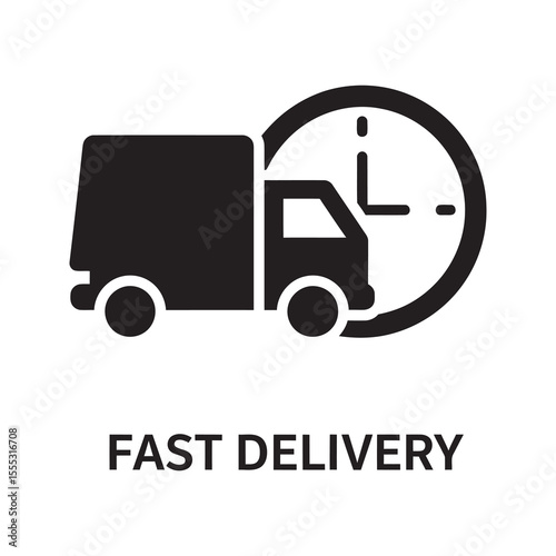 Fast delivery service glyph icon with truck and clock for express shipping and timely logistics transport vector illustration vector solid glyph icon