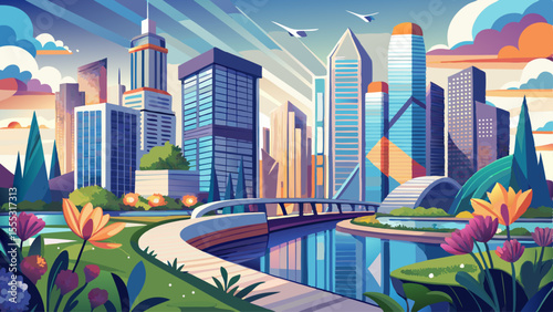 Tall glass buildings rise along the winding river, . The bridges arch gracefully, and flower boxes line the walkways. In the background, Lake Michigan glimmers softly under a clear sky. It’s a powerfu