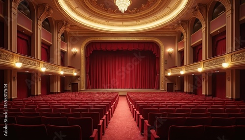 Elegant theater hall. Plush red seating, stage curtains, acoustically enhanced design. Empty rows await performance. Venue for performances, presentations, ceremonies. Luxury decor, gold details,