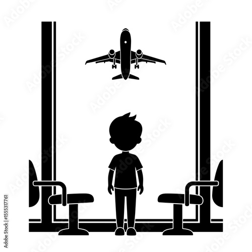Boy looking out window at airplane while waiting in airport terminal - Concept of Things to do in airport  