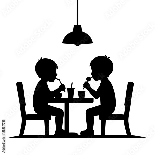 Two children eating snacks together at a table in airport café  