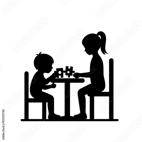 Children playing puzzle together at table concept of Family & Kids in Transit  