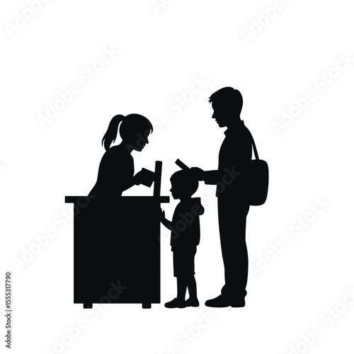 Family showing passports at airport check-in counter for travel  