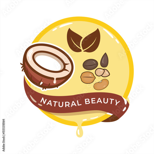 Natural Beauty Product Emblem with Coconut, Leaves, and Beans Illustration