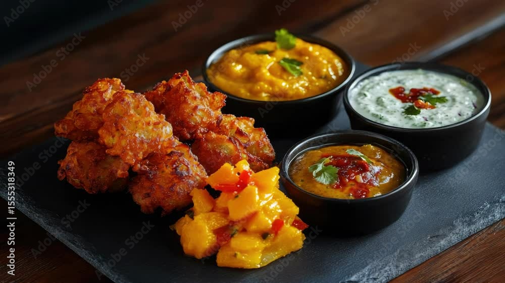 A variety of savory snacks including chicken wings, paneer (cheese), spiced peppers and sauces served with flatbreads or rice.