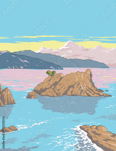 Ukiyo-e or ukiyo wpa style illustration of Cape Ashizuri headland at the southernmost tip of Shikoku, in the city of Tosashimizu, Kochi Prefecture situated within Ashizuri-Uwakai National Park, Japan.