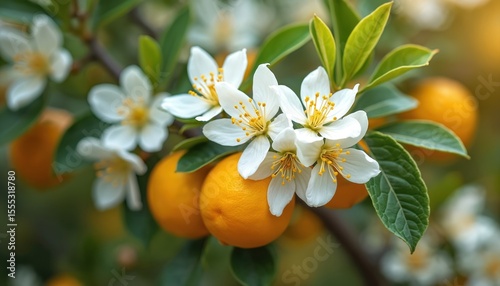 Close-up citrus blossoms with ripe fruit, green leaves on tree branch. White flowers with yellow stamens, vibrant yellow lemons in sun. Agriculture, eco, organic farm, fresh fruit harvest.