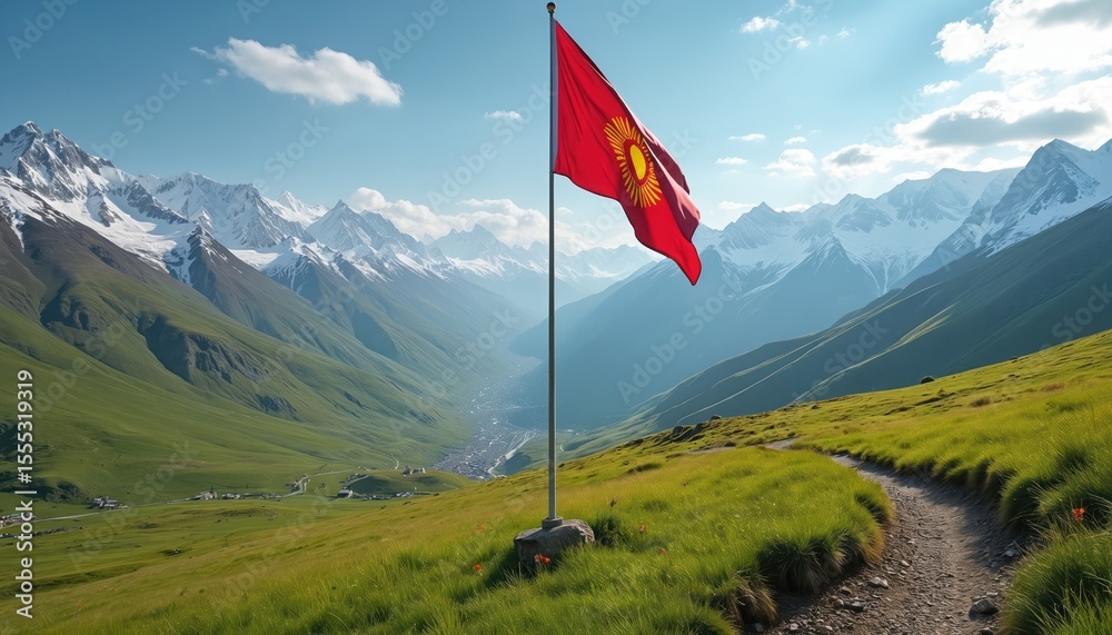 Fototapeta premium Kyrgyzstan flag waving on mountain peak against snowy peaks and green valley. Red flag with sun symbol. National symbol, country landmark. Travel, tourism, summer in Kyrgyzstan.
