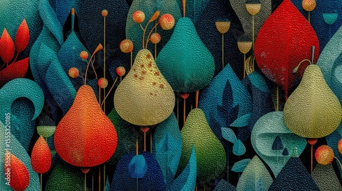 A colorful painting of a forest with many different colored flowers and trees. The painting is full of life and energy, with each flower and tree having its own unique color and shape