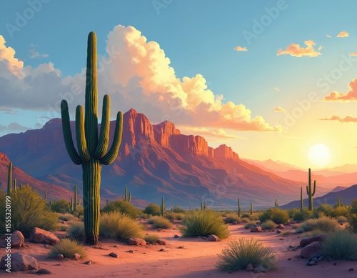 Scenic Southwestern sunset over desert landscape. Mountain range, cacti, hazy sky. Dreamy, colourful panorama poster, travel artwork, ideal for vacation, hotel, lobby.