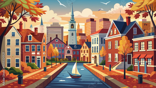 Brick streets curve between colonial buildings, with ivy climbing the old walls. Sailboats drift along the Charles River, and church steeples rise over tree-lined neighborhoods. Autumn leaves scatter 