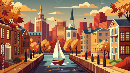 Brick streets curve between colonial buildings, with ivy climbing the old walls. Sailboats drift along the Charles River, and church steeples rise over tree-lined neighborhoods. Autumn leaves scatter 