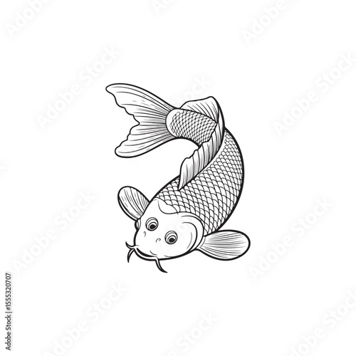 Elegant Black and White Koi Fish Line Art.A captivating, detailed line drawing of a Koi fish in a dynamic pose.