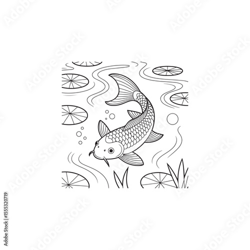 Elegant Koi Fish in a Peaceful Pond, Ready for Coloring.This black and white line art illustration showcases a beautiful koi fish swimming gracefully in a serene pond.