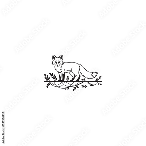 Elegant Black and White Fox Silhouette with Floral Border.A sophisticated black and white line art illustration of a fox standing amidst a stylized floral border.
