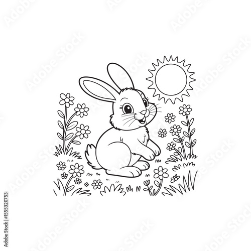 Cute bunny coloring page in a spring meadow.A cheerful, cartoon bunny sits amidst flowers and grass in a sunny meadow.