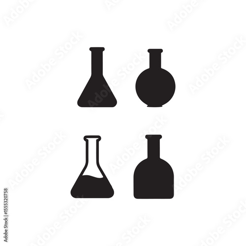 Simple Black and White Laboratory Flask Icons.Four black silhouette icons of laboratory flasks, including conical flasks and a round-bottom flask.