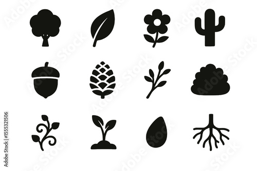 Black set of 12 nature icons. Solid vector style with trees, leaves, roots, and plant details.