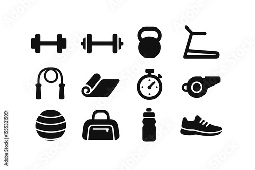 12 black fitness icons. Solid vector style for exercise, training, sports and wellness.