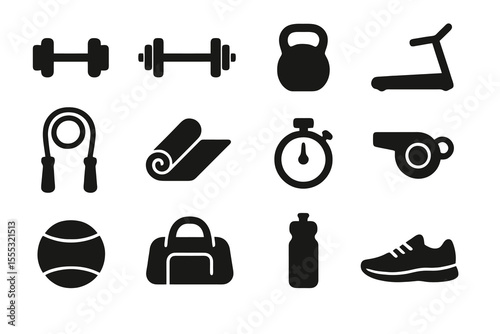 Black set of 12 workout icons. Minimal vector symbols for gym, training and healthy lifestyle.