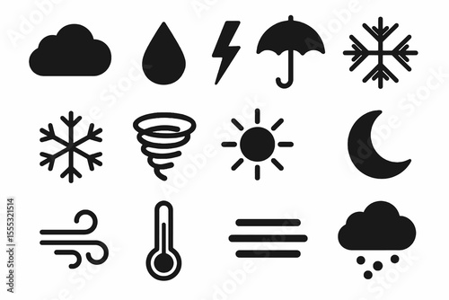 12 black weather icons. Solid vector symbols for rain, sun, storm, snow and climate designs.
