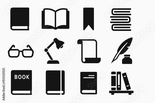 12 black reading icons. Solid vector symbols for books, study, writing, and literature themes.