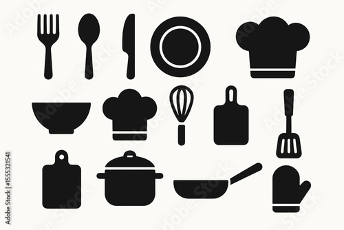 Black set of 12 cooking icons. Minimal vector for food preparation and kitchen designs.