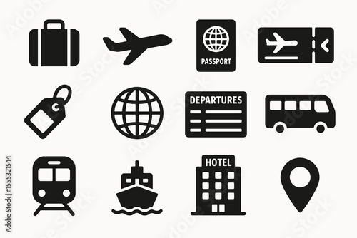 12 black travel icons. Solid vector symbols for transport, vacation, tourism and trips.
