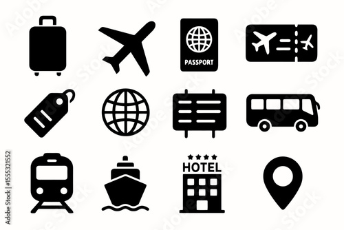 Black set of 12 tourism icons. Minimal vector for journeys, booking, and global travel.