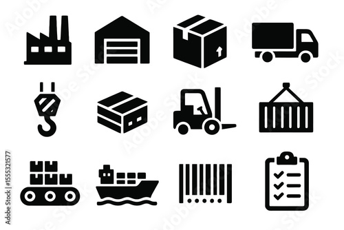 Black set of 12 supply chain icons. Minimal vector for freight, storage and logistics.