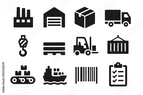 12 black logistics icons. Solid vector symbols for transport, shipping, warehouse and delivery.