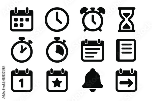 12 black time management icons. Solid vector symbols for schedule, planning, productivity.