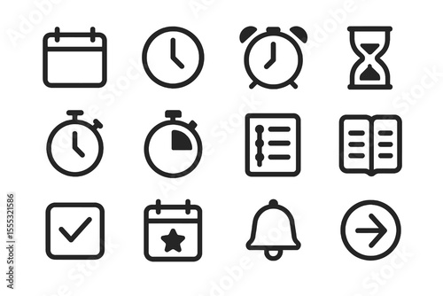 Black set of 12 time icons. Minimal vector for planning, organization and deadlines.
