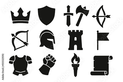 12 black medieval icons. Solid vector symbols for history, fantasy, and battle themes.