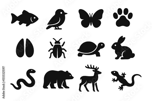 12 black animal icons. Solid vector symbols for wildlife, nature and fauna designs.
