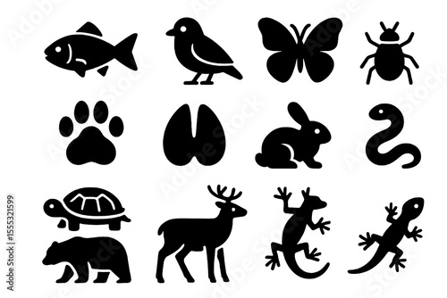 Black set of 12 wildlife icons. Minimal vector for animal, habitat and natural themes.