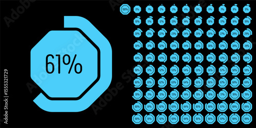 Set of octagon percentage diagrams meters from 0 to 100 ready-to-use for web design, user interface UI or infographic - indicator with blue