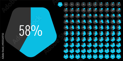 Set of pentagon percentage diagrams meters from 0 to 100 ready-to-use for web design, user interface UI or infographic - indicator with blue