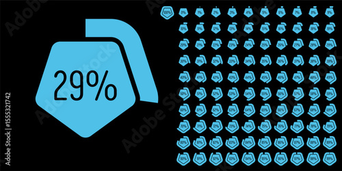 Set of pentagon percentage diagrams meters from 0 to 100 ready-to-use for web design, user interface UI or infographic - indicator with blue