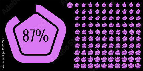 Set of pentagon percentage diagrams meters from 0 to 100 ready-to-use for web design, user interface UI or infographic - indicator with purple